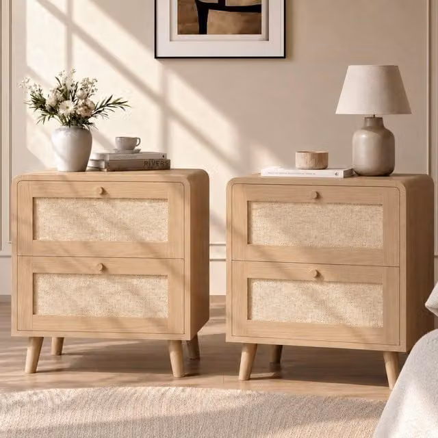 Matteo Set of 2 Natural Oak Rattan Effect Bedside Tables with 2 Drawers in Brown and Beige – 1