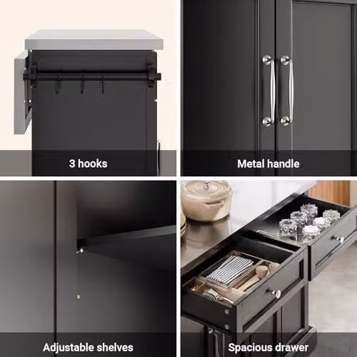 SoBuy Kitchen Island on Wheels with Extendable Worktop and Adjustable Shelves in Black, W/D/H: 92 x 46 x 115 cm – 8