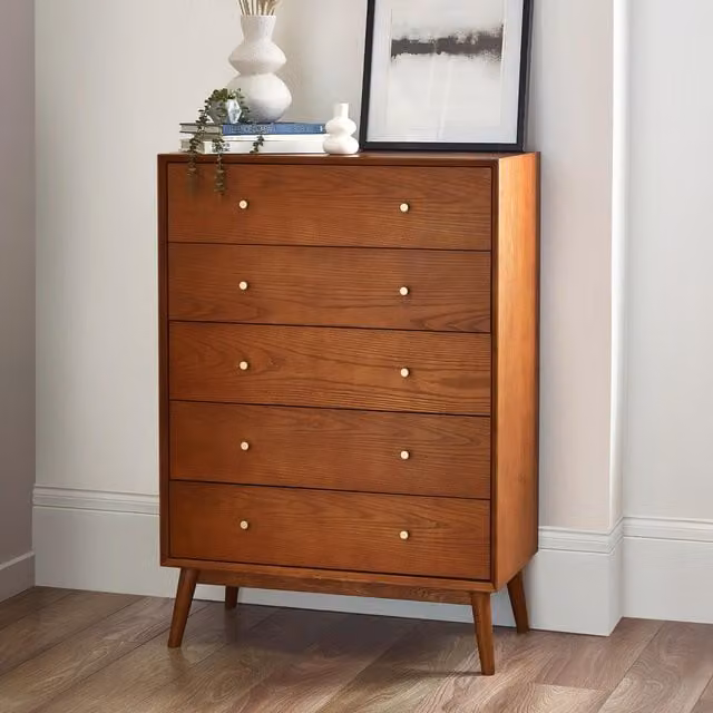 Julian Bowen Aron Lowry 5 Drawer Chest in Cherry and Ash Wood with Gold and Black Accents