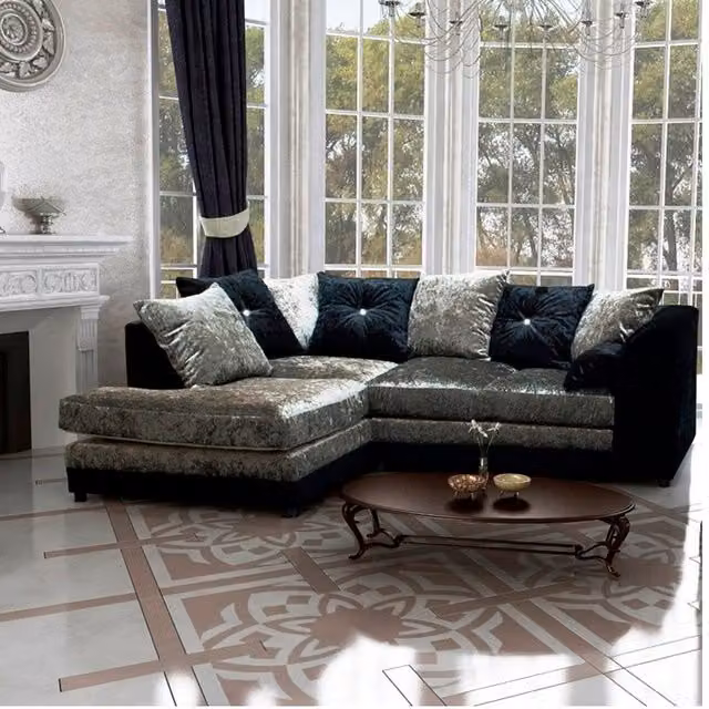 Furniture786ltd Swift 4 Seater L-Shape Corner Sofa in Black-Grey Crushed Velvet with Left-Hand Facing Orientation