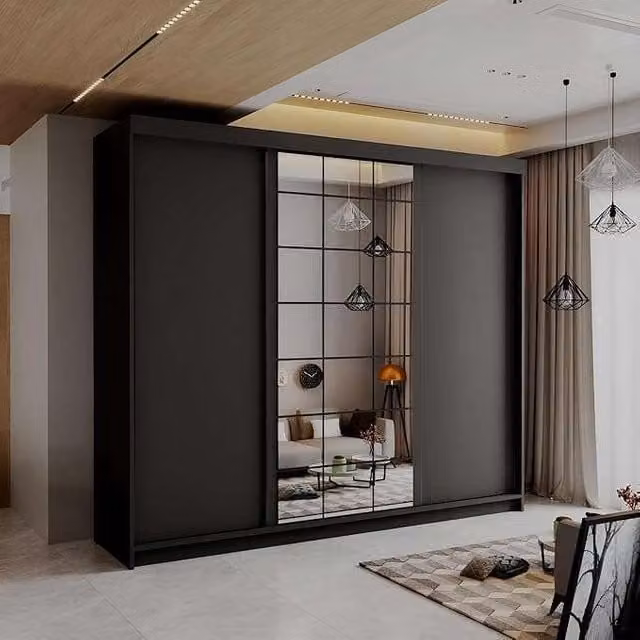 Sliding Wardrobes 4U Modern Black Sliding Wardrobe with Integrated LED Lighting, W: 250 cm, H: 217 cm, D: 62 cm