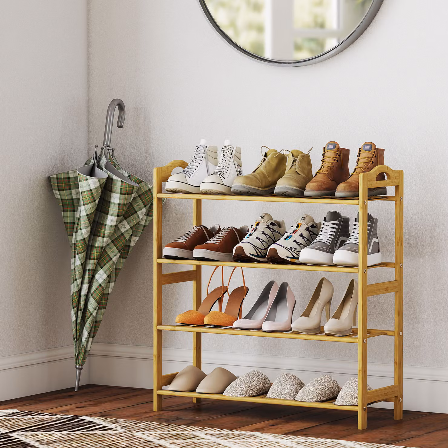HOMCOM 4-Tier Freestanding Bamboo Shoe Rack in Brown Natural Wood Finish – 2