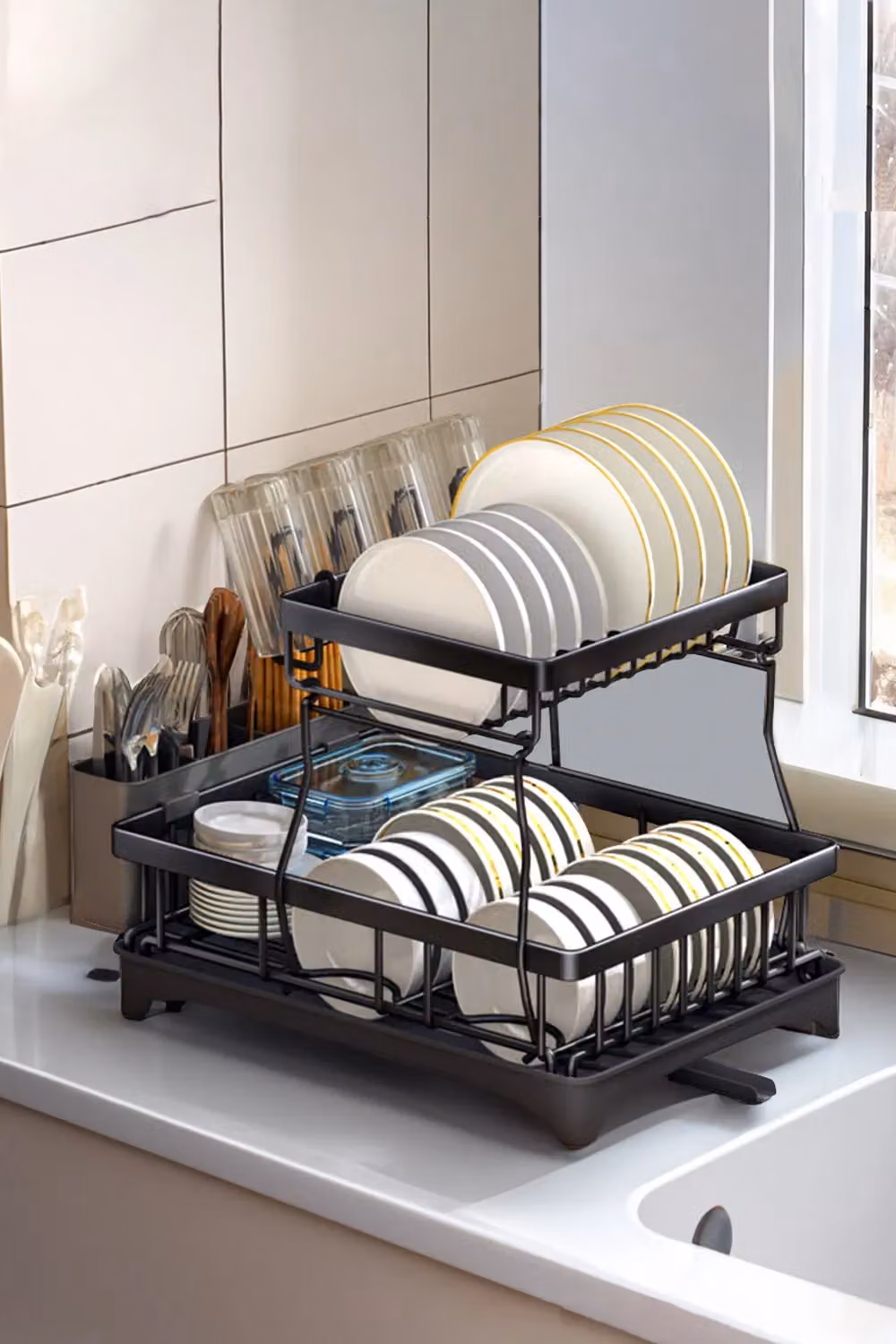 Living and Home 2-Tier Dish Drainer Rack with Kitchen Utensil and Glass Holder in Black – 3