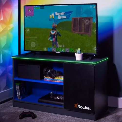 X Rocker Carbon-Tek Media Centre TV Stand with RGB LED Lighting and Storage, Grey & Blue, Width: 100 cm – 1