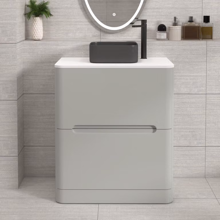 Royal Bathrooms Venice 700mm Floor Standing Vanity Unit in Dove Grey with 2 Drawers, Plain White Worktop and Art Square Basin