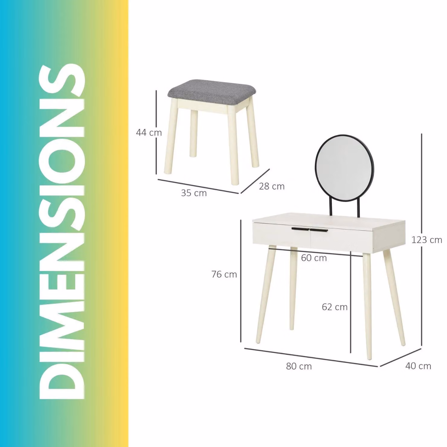 Pirlo Plush Dressing Table with Mirror and Cushioned Stool in White – 2