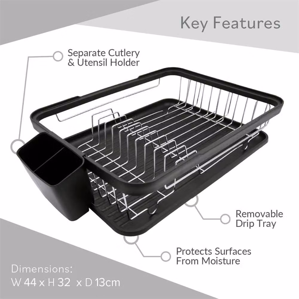 Benross Black Plastic Dish Drainer Rack with Drip Tray and Cutlery Holder – 2