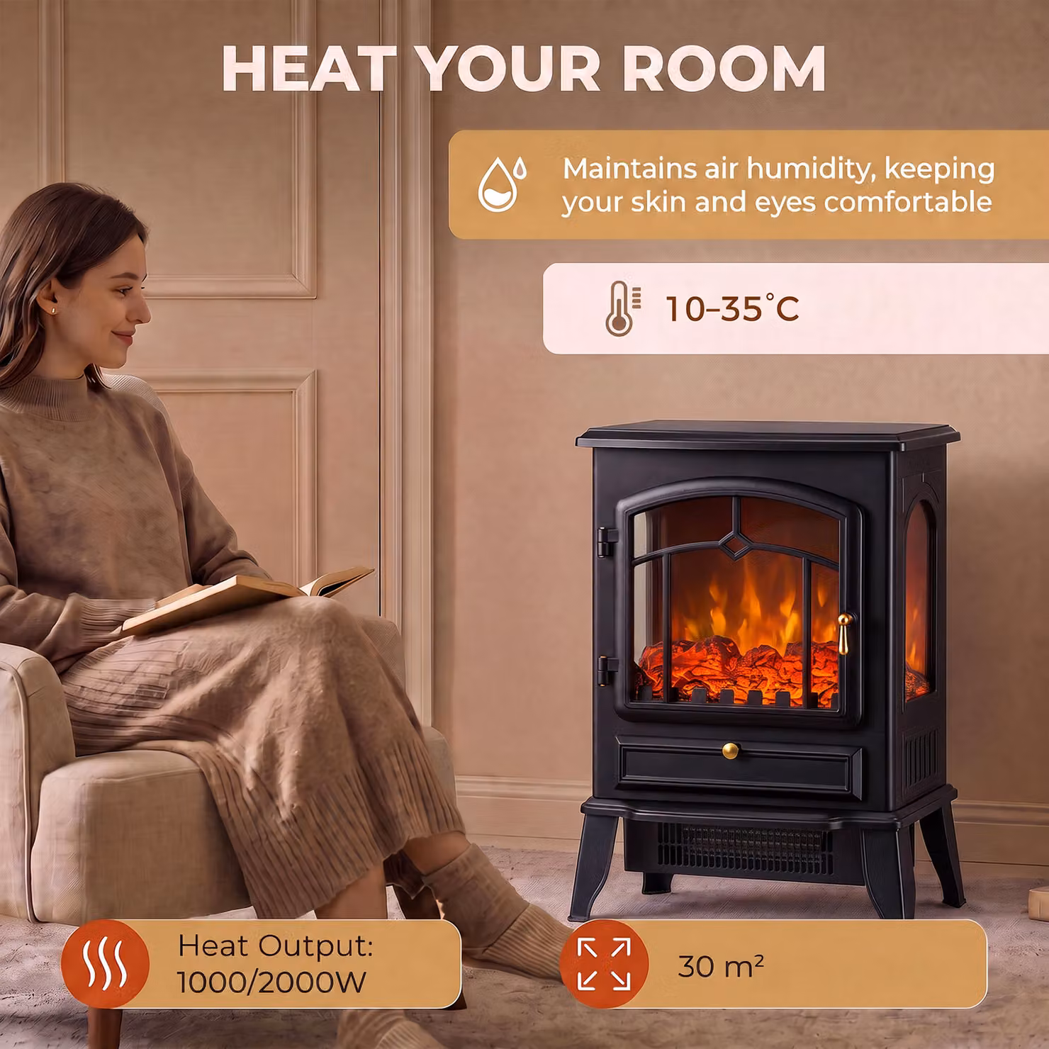 HOMCOM Electric Fireplace Stove, 1000/2000W 3-Sided Freestanding Heater with 3D Flame Log and Thermostat, Black – 6