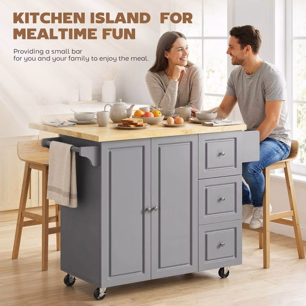 HOMCOM Rolling Kitchen Island Storage Trolley with Drop Leaf and Drawers in Grey – 3