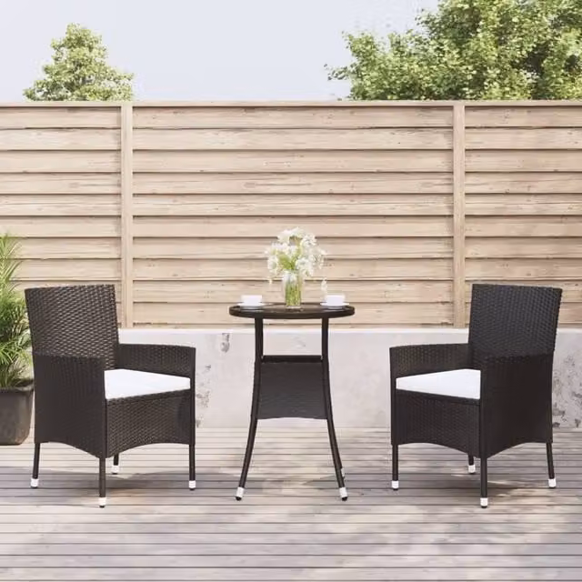 Berkfield Home 3 Piece Black Poly Rattan Garden Bistro Set with Cushions