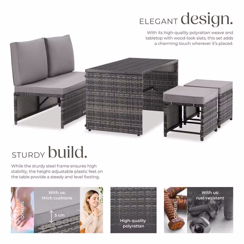 tectake Monopoli 2-in-1 Rattan Garden Lounge Set with Sofa and Seating Area in Grey for 4 Persons – 3