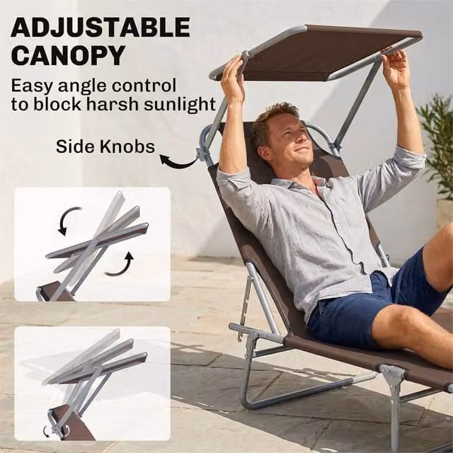 EONLION Brown Reclining Sun Lounger Chair with Adjustable Headrest and Sun Canopy