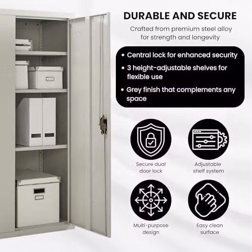 MMT Furniture Designs Ltd Metal Storage Cabinet with Lockable Hinged Doors and Adjustable Shelves, Grey, H 140 cm x W 90 cm x D 40 cm – 4