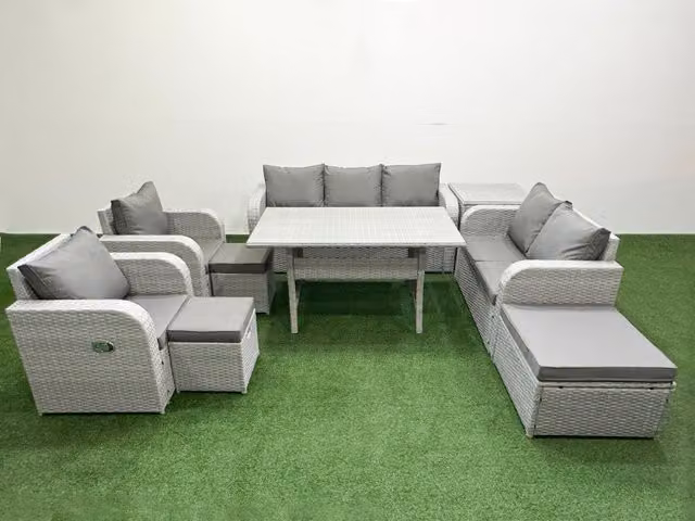 Fimous Grey PE Rattan Garden Furniture Set with Reclining Chairs, 2 Seater Sofa, Rectangular Dining Table, 3 Stools and Side Table
