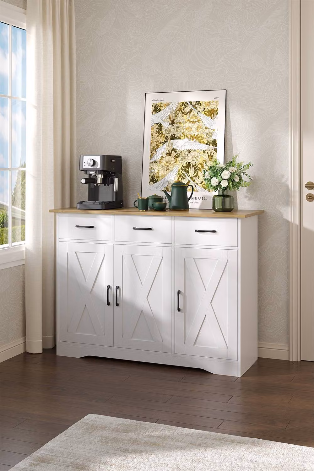 Living and Home 3-Door Wooden Sideboard with 3 Drawers in White Matt Finish – 3