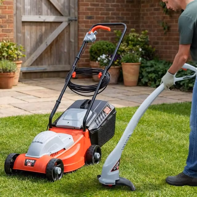 Ryno 1000W Electric Mower and Grass Trimmer Set in Orange with Collection Bag and Fixed Blade