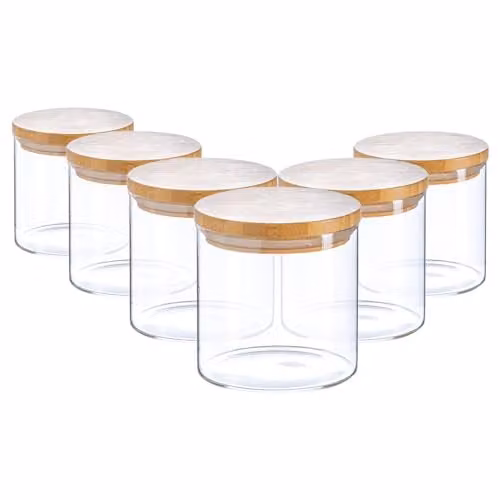 Argon Tableware Scandi Airtight Glass Storage Jars with Wooden Lids, 550ml, 6 Pack, Transparent – 1