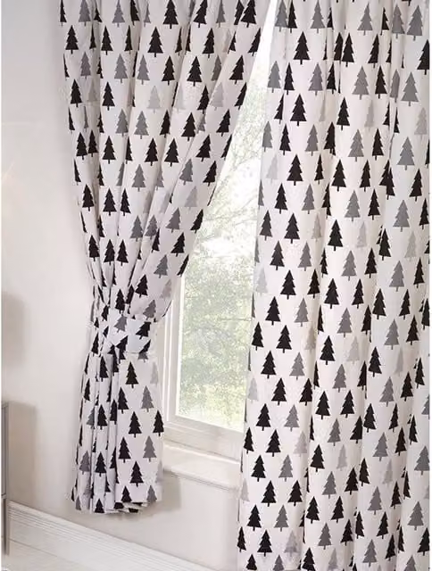 Generic Scandi Bear Lined Forest Blackout Curtains, Pack of 2, White, Black and Grey, W: 183 cm x H: 168 cm
