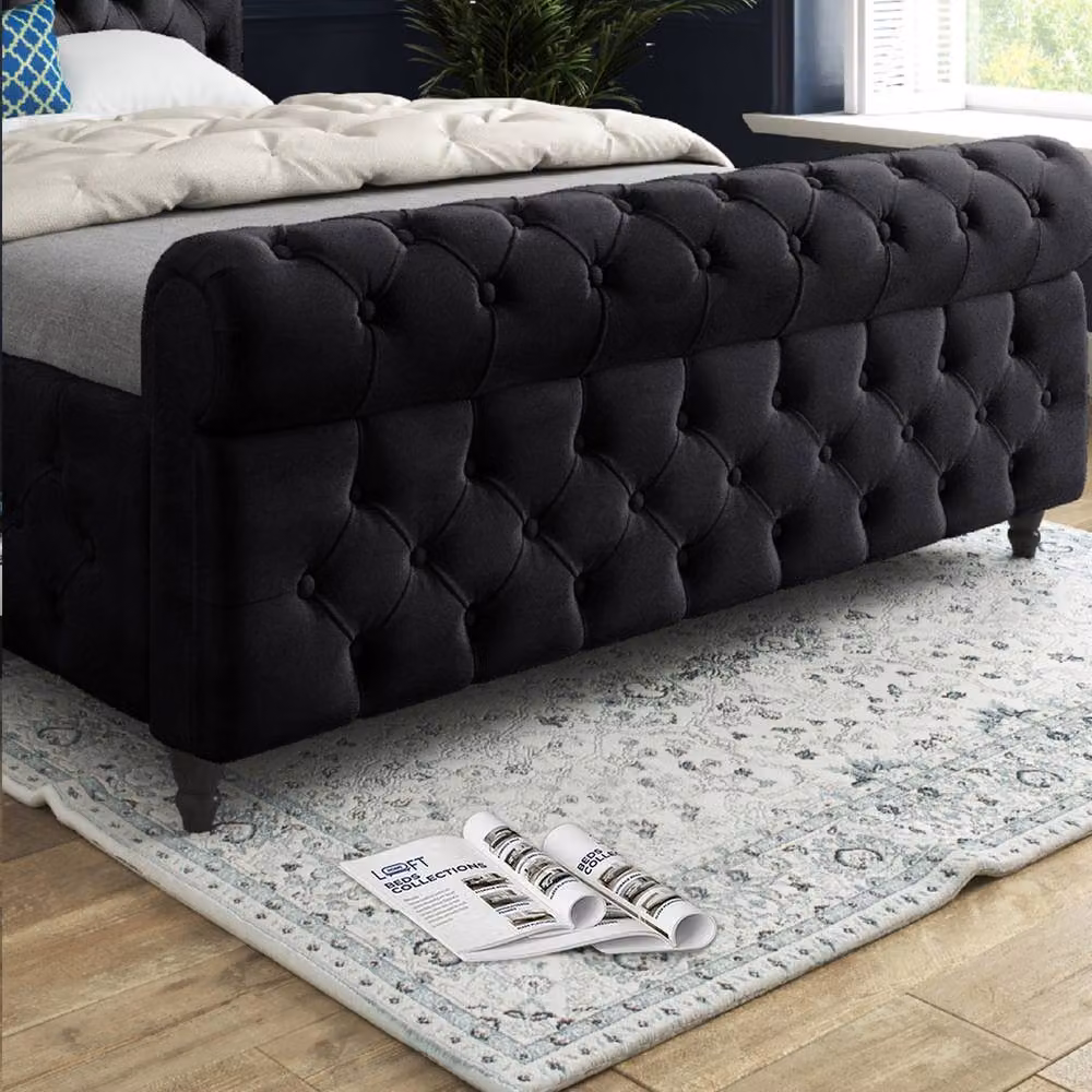 KDMD Tiddington Sleigh Upholstered Designer Bed Frame in Black Soft Velvet, W/D/H: 120 x 200 cm – 4