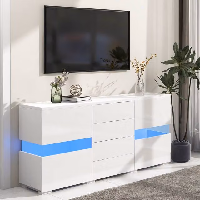 Merax Modern White High Gloss Sideboard with Integrated LED Lights, W: 140 cm – 1
