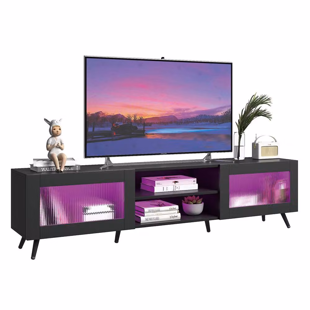 KEEPREAPER Stylish Black TV Stand with Transparent Acrylic Doors for 32-70 Inch TVs – 9
