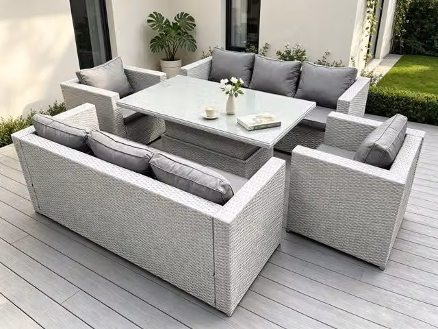 Fimous Rattan Garden Furniture Set with Adjustable Lifting Table, Sofa, and Armchair in Light Grey – 1