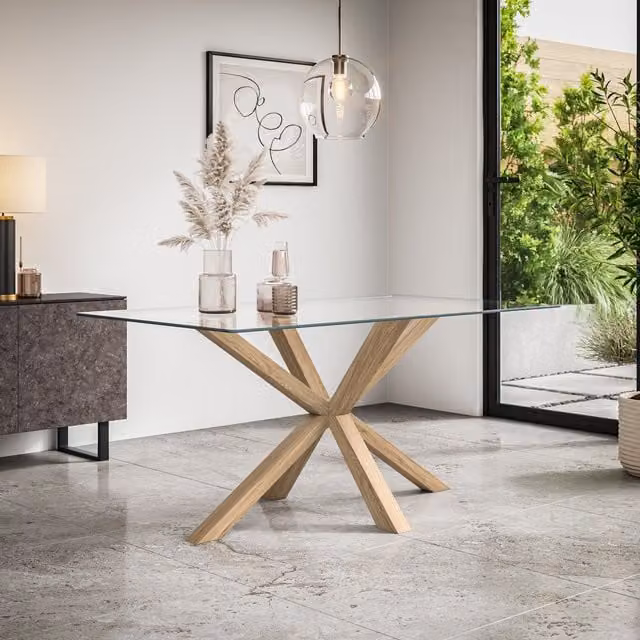 More4Homes Etta Rectangular Glass Dining Table with Solid Oak Legs, Transparent