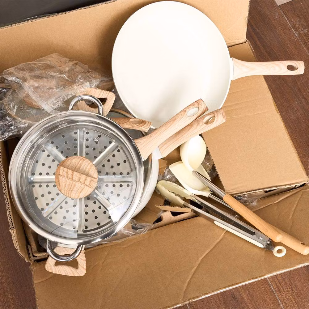 Living and Home 12-Piece Non-Stick Cookware Set in Beige and White including Saute Pan, Frying Pan, Saucepan and Steamer Insert – 2