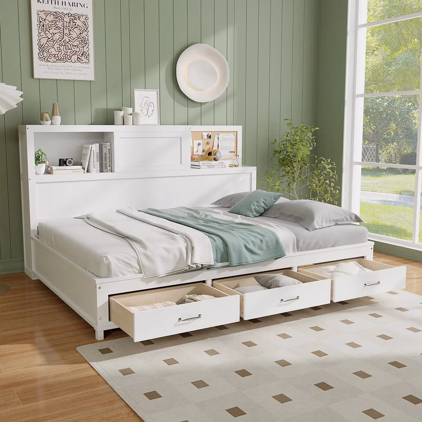 Gymax Double Daybed Guest Bed Frame with Storage Drawers and Wooden Slat Support, White, W/D/H: 140 x 200 cm – 2
