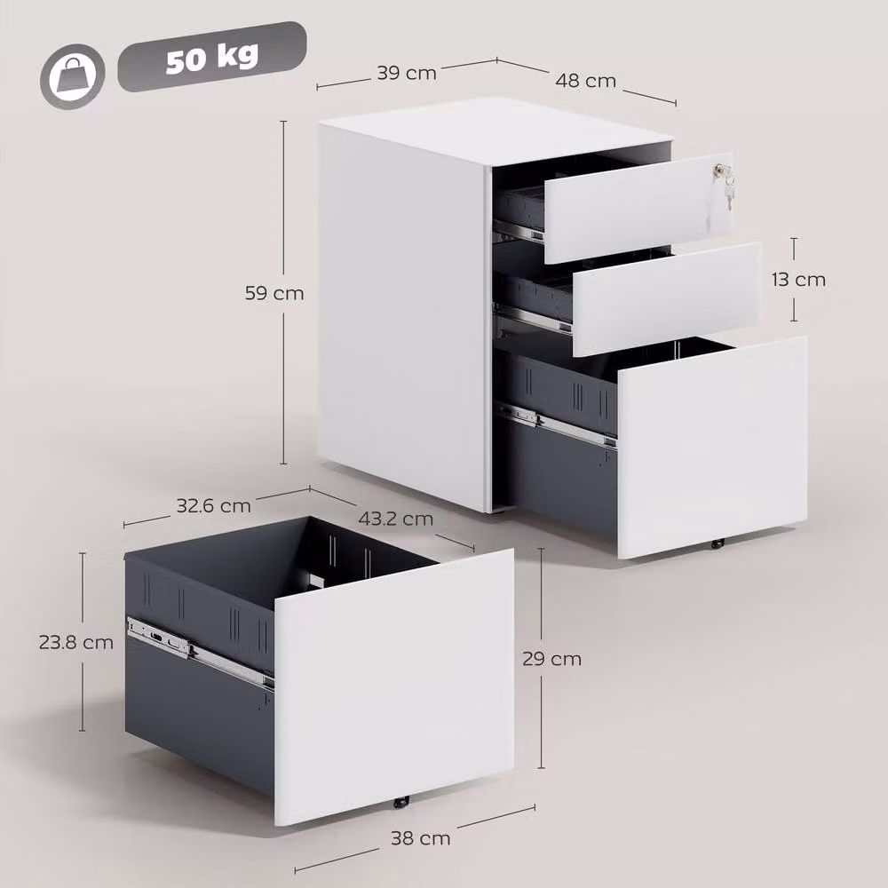 STILVORA 3 Drawer Metal Filing Cabinet with Lock and Castors, White – 2