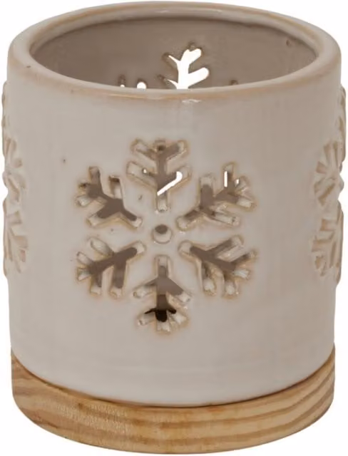 KDMK Alora Ceramic Snowflake Tealight Candle Holder with Wood Base in White and Brown