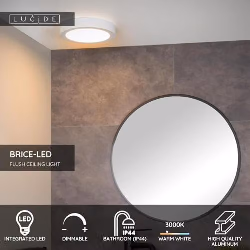 Lucide Brice Dimmable Round LED Flush Ceiling Light for Bathrooms, White, Diameter: 24 cm – 2