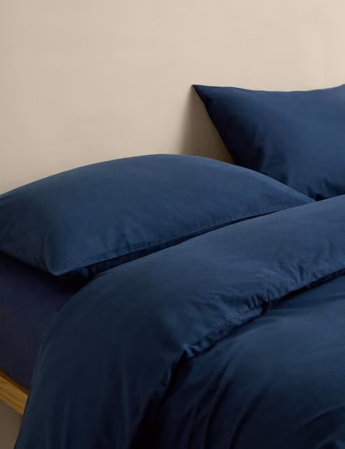 M&S Navy Blue Pure Cotton Brushed Flannelette Bedding Set, 90 x 190 cm