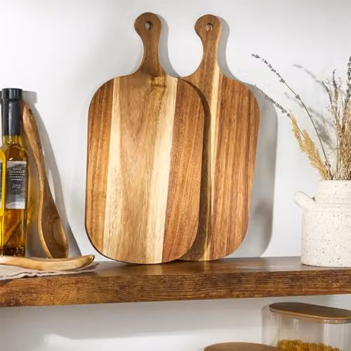 OHS Set of 2 Natural Acacia Wood Chopping and Charcuterie Boards with Handles