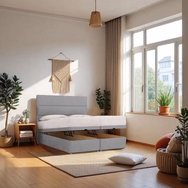 Knight Sleep York End Opening Ottoman Bed with Orthopaedic Hybrid Mattress and 24 inch Headboard, Silver/Grey, W/D/H: 180 x 200 cm