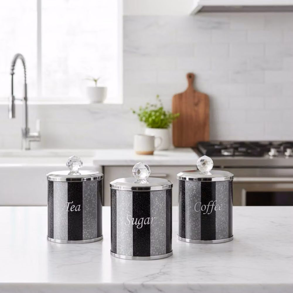 Smartbies Luxury Crystal Tea, Coffee and Sugar Canister Set in Black and Silver with Airtight Glass Lids – 3