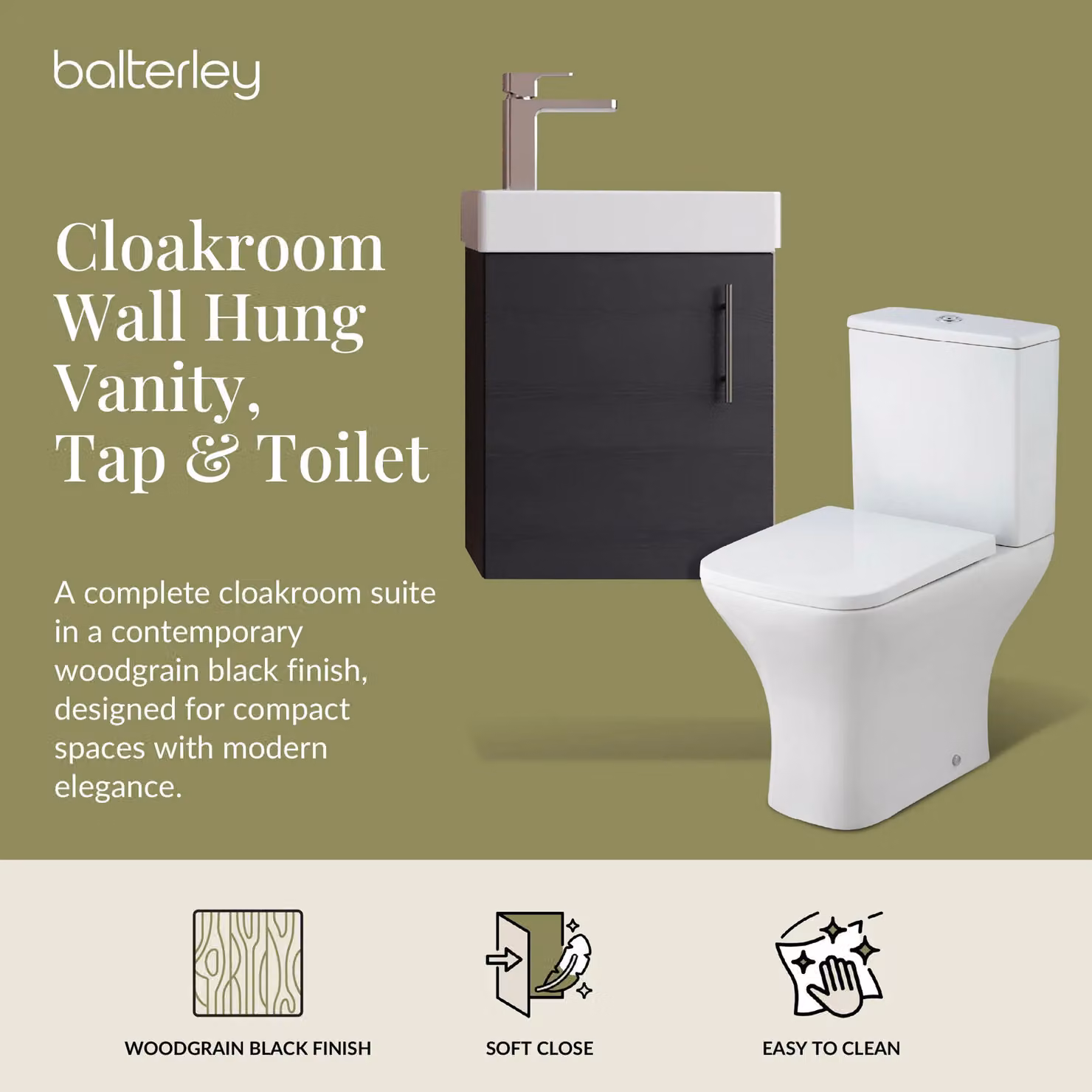 Balterley Wall Hung Vanity, Toilet, Cistern, Seat and Tap Set in Matt Charcoal Black and Grey with Chrome Details – 2