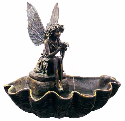 Primrose Solar Powered Fairy on Clam Shell Outdoor Water Feature Fountain in Grey and Bronze, Height: 78 cm
