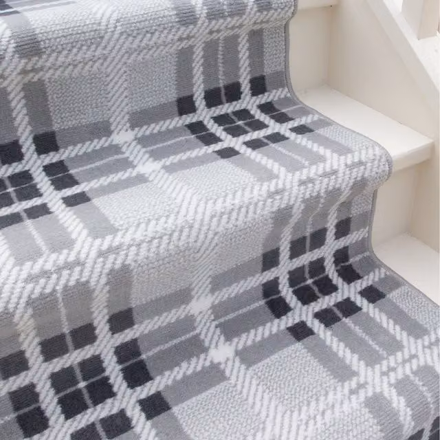 The Rug House Grey Tartan Cut To Measure Stair Carpet Runner W/D: 60 x 975 cm