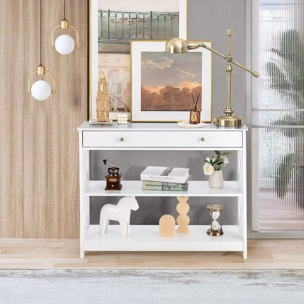 FORGEVIO 3-Tier Console Table with Drawer and Storage in White – 3