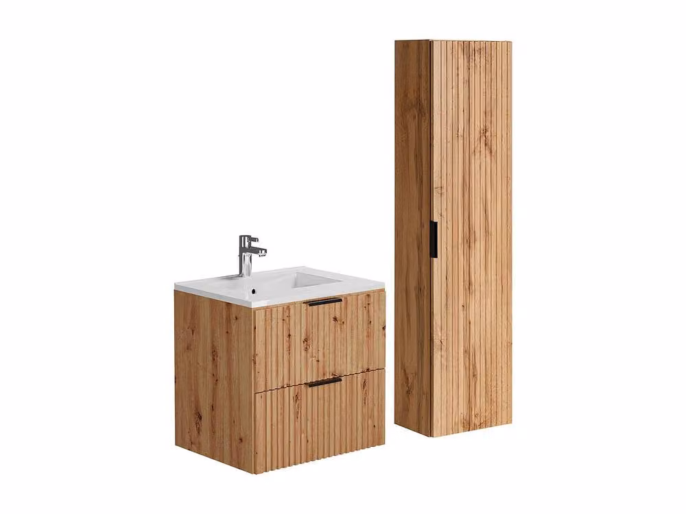 Vente-unique Wall-Mounted Ribbed Bathroom Unit with Inset Basin and Column in Light Oak – 2