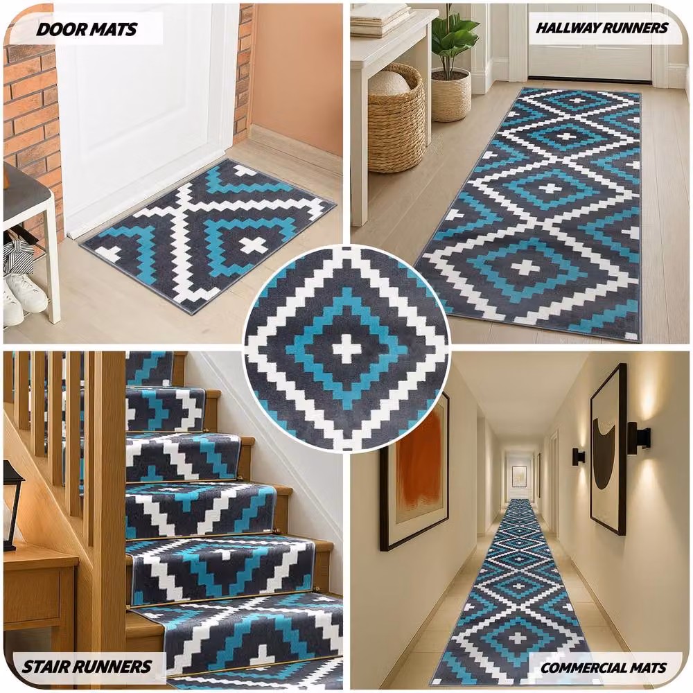Bravich LTD Modern Geometric Tile Hallway Runner Rug, Non-Slip Low Pile in Petrol Teal, W: 60 cm, L: 450 cm – 7