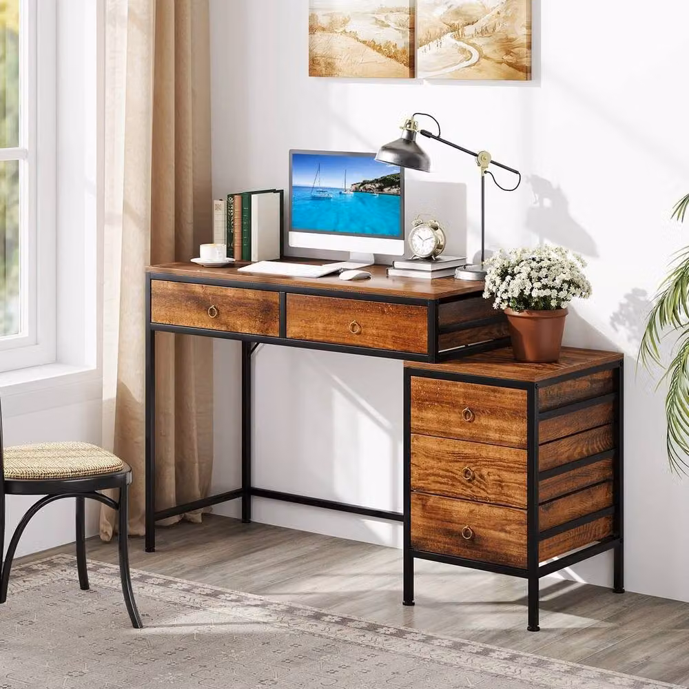 Havendro Industrial Wood Computer Desk with 5 Drawers in Brown and Black – 3