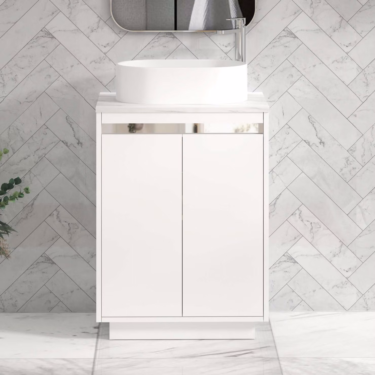 Royal Bathrooms Orion 800mm Matt White Floor Standing 2 Door Vanity Unit with Peak Basin and Chrome Accent Trim