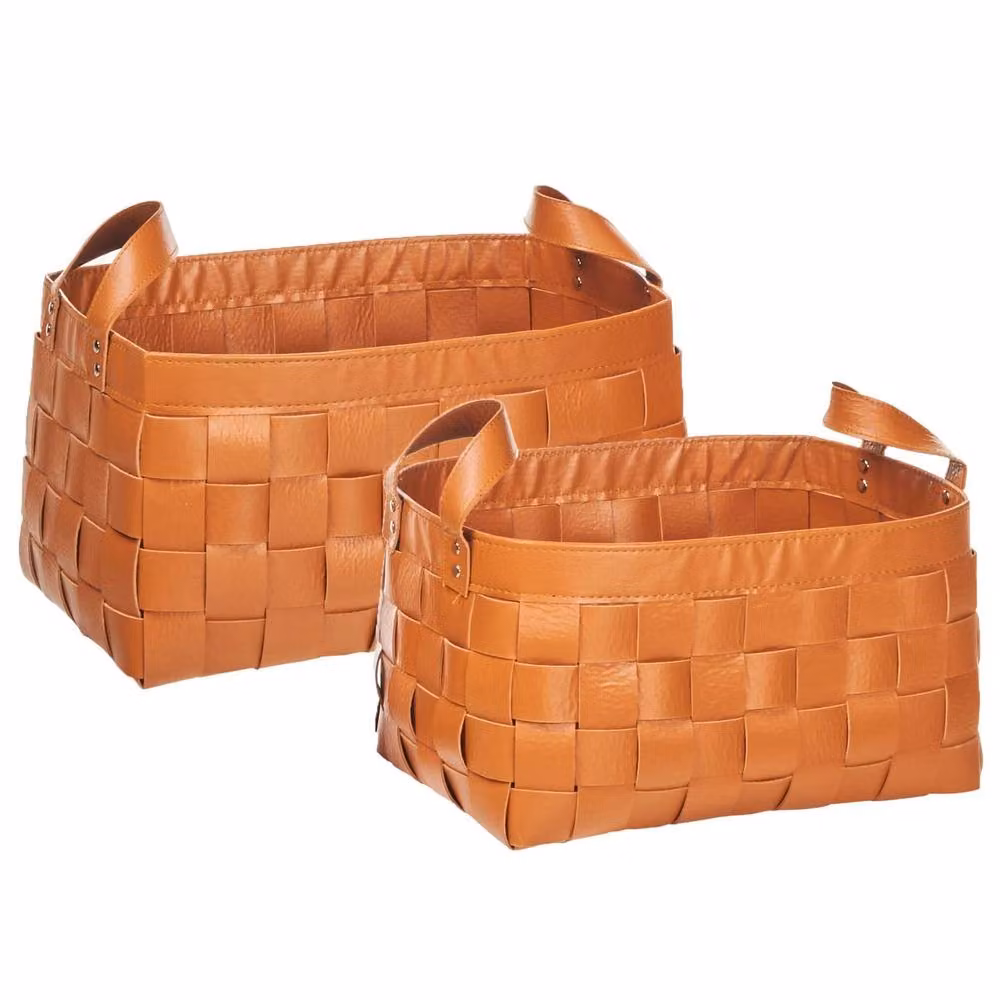Wyld and Coco Set of 2 Brown Faux Leather Stackable Storage Baskets with Handles – 2