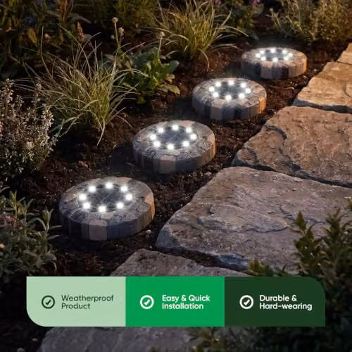 Gardenwize Pack of 4 Solar Stone Effect LED Decking Lights in Grey with White LEDs for Garden and Terrace – 7