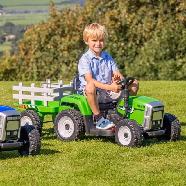 OutdoorToys Electric Ride On Tractor with Trailer and Parental Remote Control, Green
