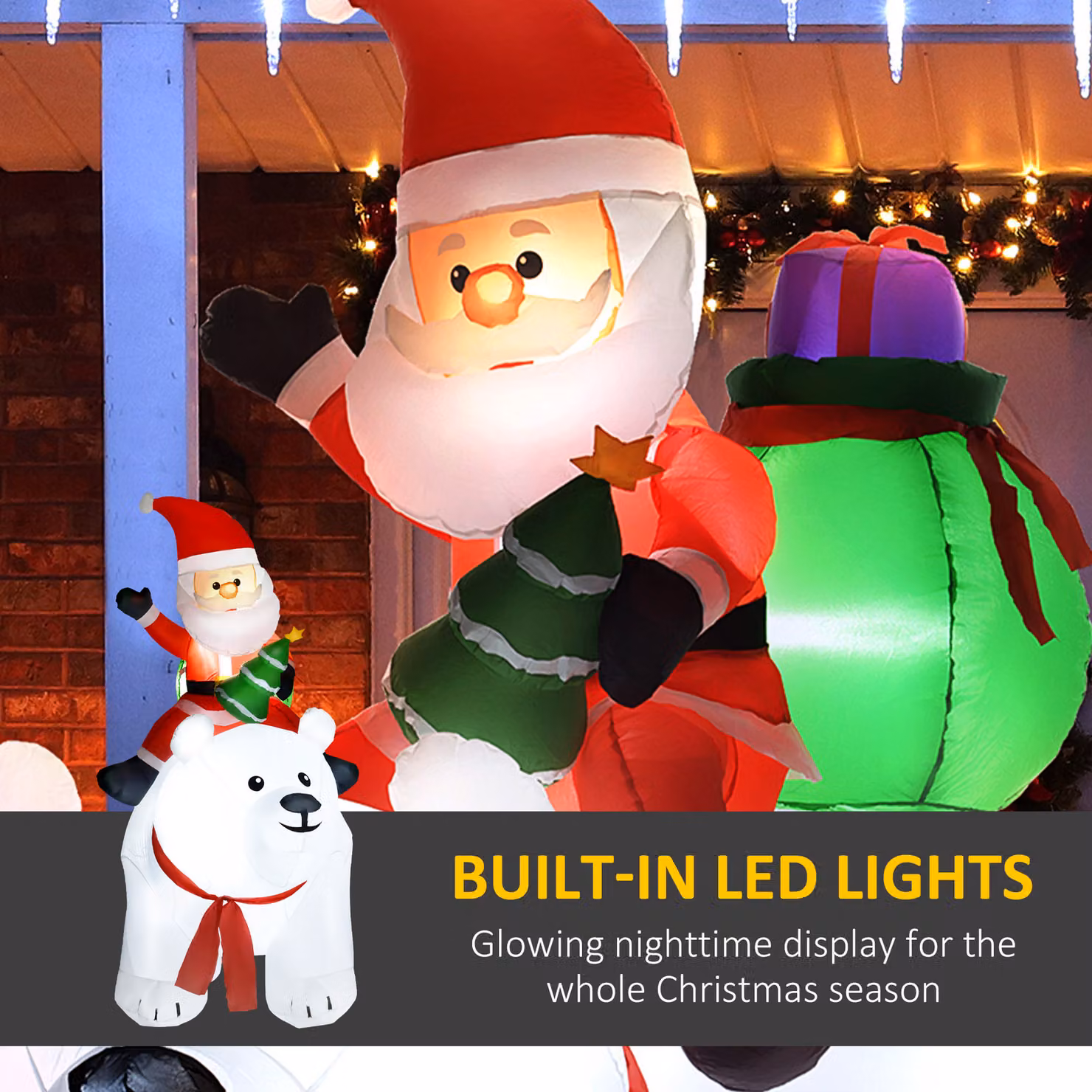 Outsunny Inflatable Santa Claus Riding on Polar Bear Christmas Blow Up Outdoor Decoration with LED Display, White and Multicolour, 201 cm – 3
