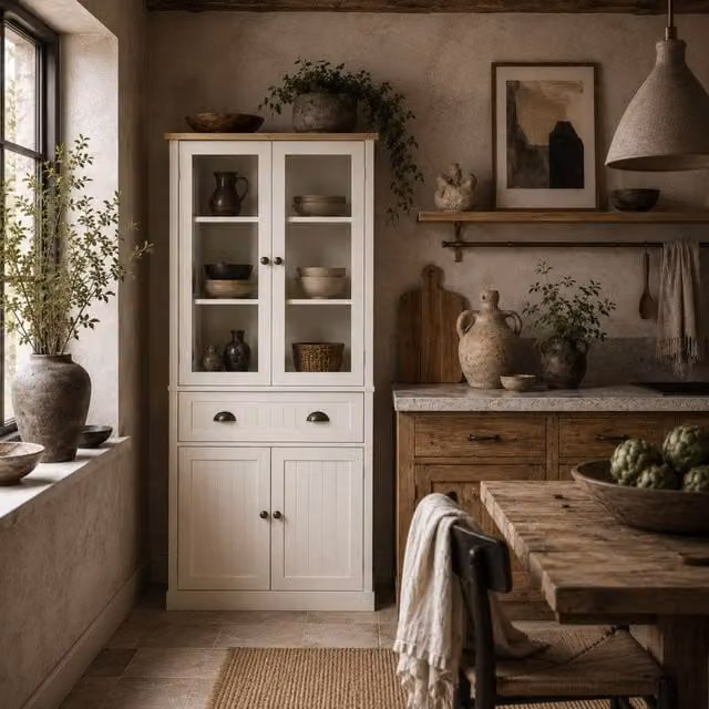 Wyld Haus Tall Kitchen Pantry Cupboard in White and Beige with Glass Doors and Drawers, H 182.5 x W 76.0 x D 40.0 cm