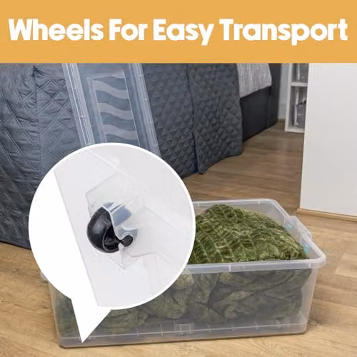 JVL Set of 4 Plastic Lidded Underbed Storage Boxes with Wheels, Stackable and Nestable, Transparent, 30L – 2